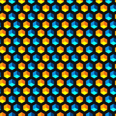 Seamless pattern with hexagons and cubes. Vector colored abstract background.
