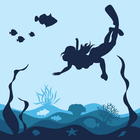Marine background with a diving girl, corals and fish. Isolated vector objects.のイラスト素材