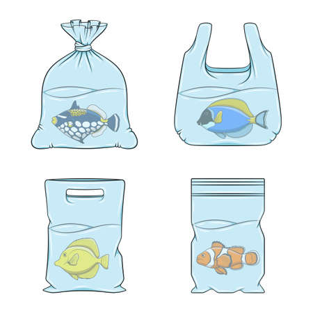 Set of illustrations with fish in plastic bags. Isolated vector objects on white background.のイラスト素材