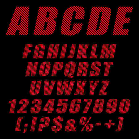 Alphabet, letters, numbers and signs from red stripes. Isolated vector objects on a black background.のイラスト素材