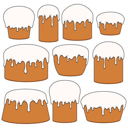 Set of color illustrations with Easter cakes. Isolated vector objects on a white background.
