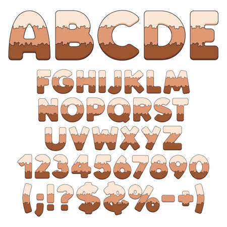Alphabet, letters, numbers and signs from layers of chocolate, milk, coffee cake. Isolated vector objects on a white background.のイラスト素材
