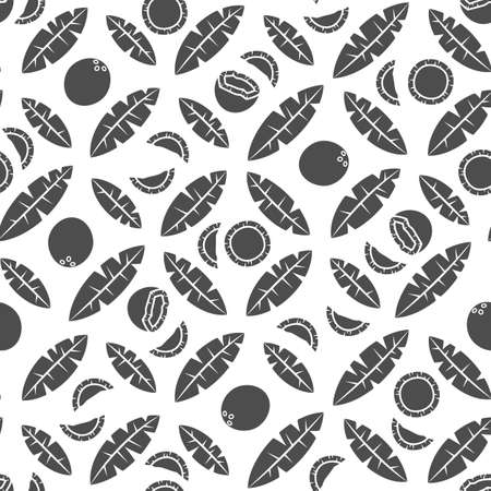 Seamless pattern with black and white palm leaves and coconuts. Tropical vector background with isolated objects on white background.のイラスト素材