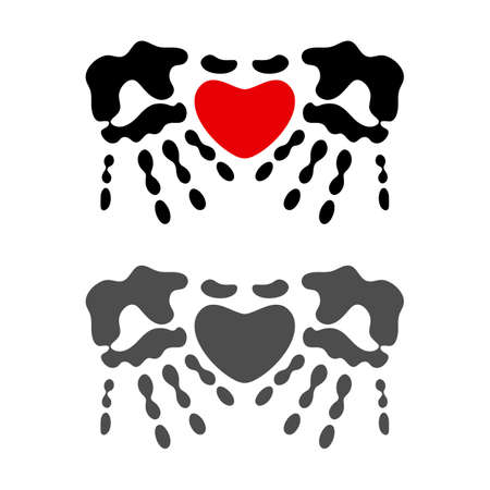 Heart symbol between palm prints, handprint, heart in hands. Isolated vector objects on a white background.のイラスト素材