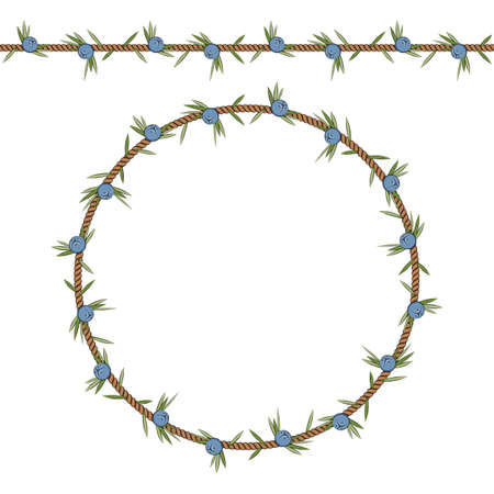 Seamless pattern and frame of the cord with juniper. isolated objects on white.のイラスト素材