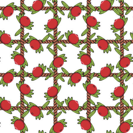 Seamless pattern, net of the cord with cranberries, lingonberries. Colored vector background.のイラスト素材