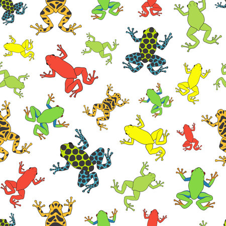 Seamless pattern with tropical tree frogs. Colored vector background on white.のイラスト素材