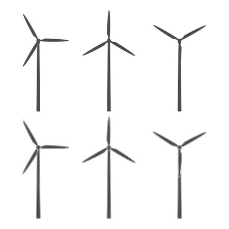 Set of black and white illustrations with a wind turbine, windmill. Isolated vector objects on a white background.のイラスト素材