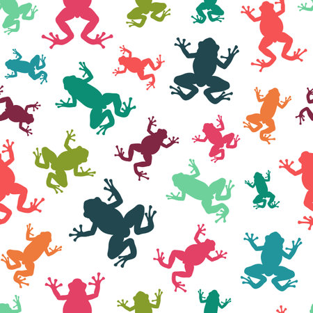 Seamless pattern with silhouettes of tropical tree frogs. Colored vector background on white.のイラスト素材