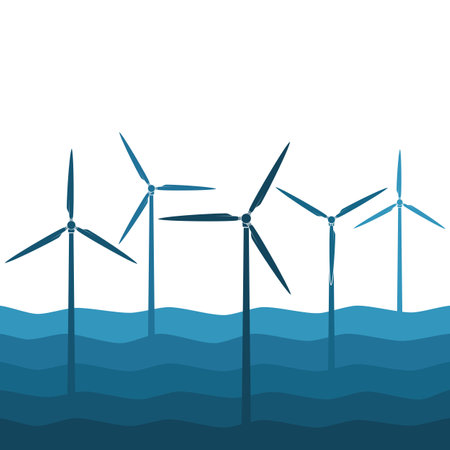 Illustration with waves and windmills, wind turbines. Vector colored background.のイラスト素材