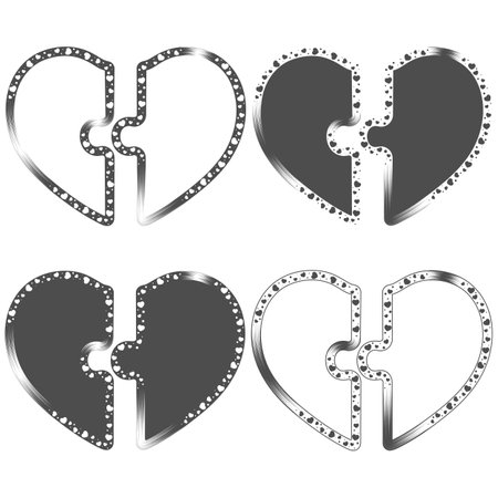 Set of black and white illustrations with heart sign made from puzzle pieces. Isolated vector objects on white background.のイラスト素材