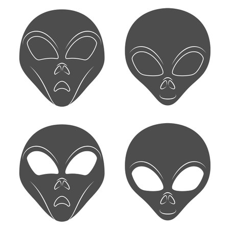 Set of black and white illustration with alien face. Isolated vector object on white background.のイラスト素材