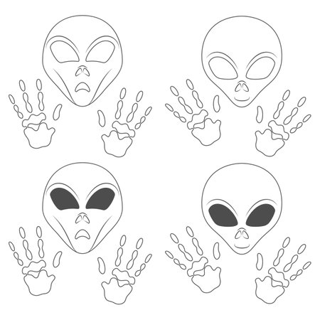 Set of black and white illustration with alien face and hands. Isolated vector object on white background.のイラスト素材