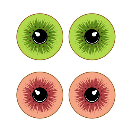 Color illustration of eye made from slices of green and red kiwi. Isolated vector objects on white background.のイラスト素材