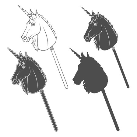 Set of black and white illustrations with unicorn hobby horse toy on stick. Isolated vector objects on white background.のイラスト素材