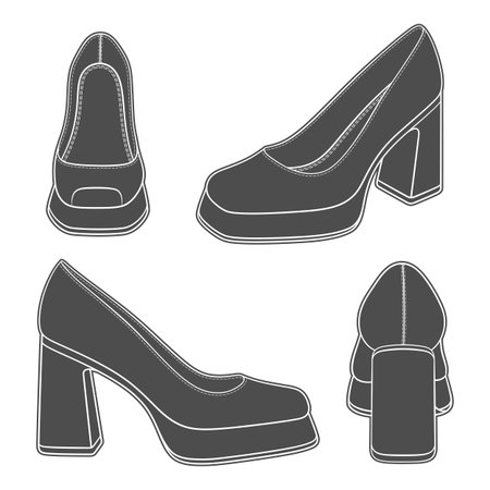 Set of black and white illustrations with women shoes on thick heels. Isolated vector objects on white background.のイラスト素材
