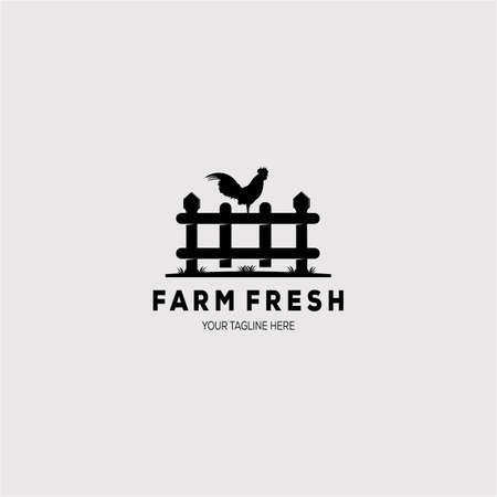wood fence symbol. farm fresh rooster logo vector illustration designのイラスト素材