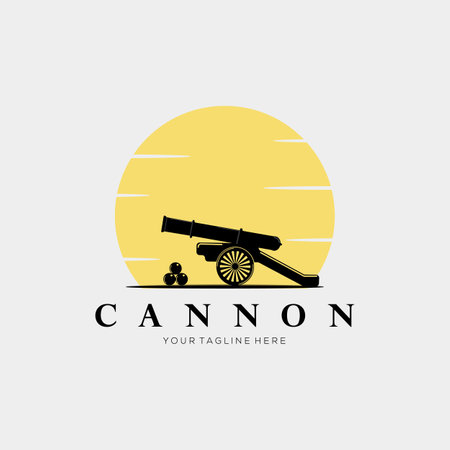 sunset, cannon, and cannonball vintage logo vector illustration designのイラスト素材