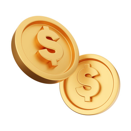 Gold dollar coins isolated on white background. 3d render illustration.の写真素材