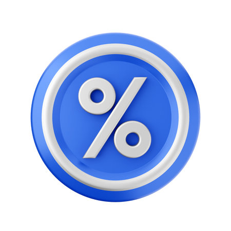 Blue icon with percent symbol on a white background. 3d renderingの写真素材