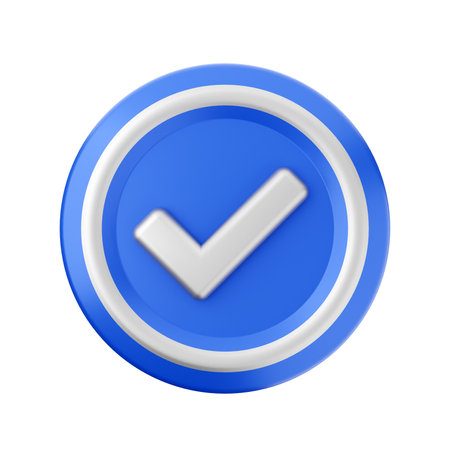 Blue button with a check mark on a white background. 3d renderingの写真素材