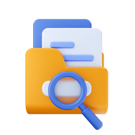 3d render of folder with documents and magnifying glass isolated on white backgroundの写真素材