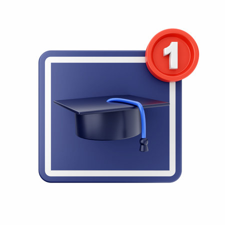 Graduation cap on blue square icon. 3d render illustration.の写真素材
