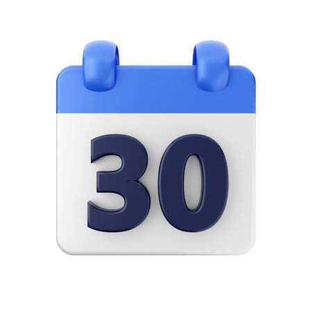 Calendar icon 30, 3D rendering, isolated on white backgroundの写真素材