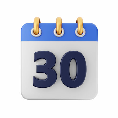 Calendar 30 on a white background. 3d render illustration.の写真素材