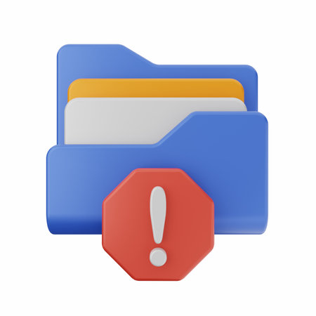 3d illustration of blue folder with red exclamation mark over white backgroundの写真素材