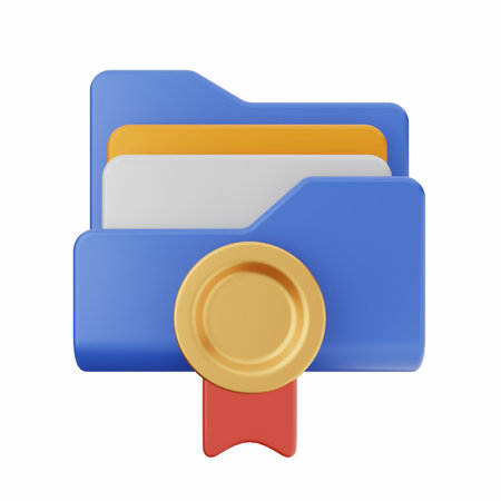 3d rendering of a blue folder with a medal isolated on white backgroundの写真素材