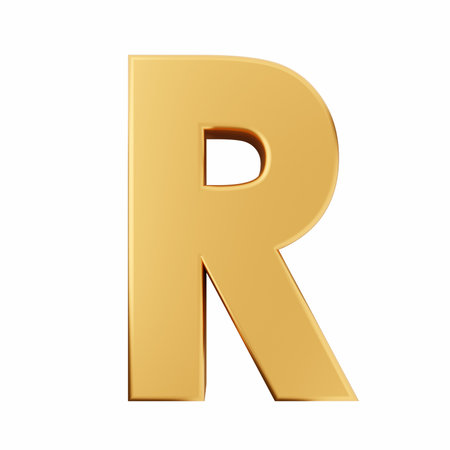 3d golden letter R isolated on white background. Computer generated 3D photo rendering.の写真素材