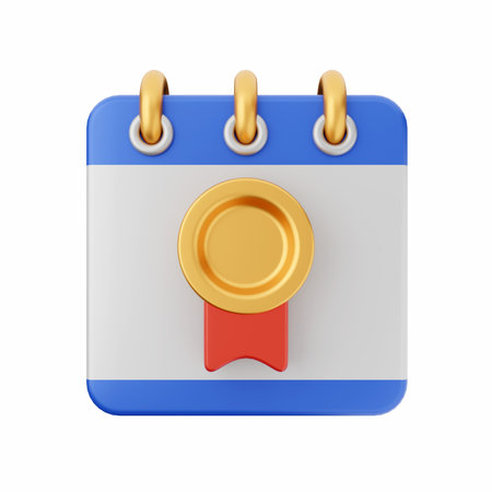 Calendar with gold medal isolated on white background. 3D rendering.の写真素材