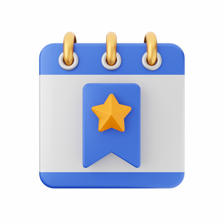 Blue calendar with star icon isolated on white background. 3D rendering.の写真素材