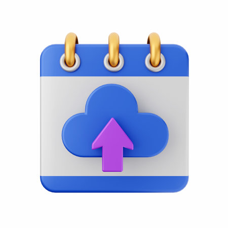 Blue calendar with upload icon on white background. 3D rendering.の写真素材