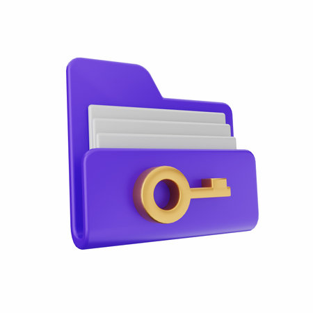 Purple folder with golden key isolated on white background. 3D rendering.の写真素材
