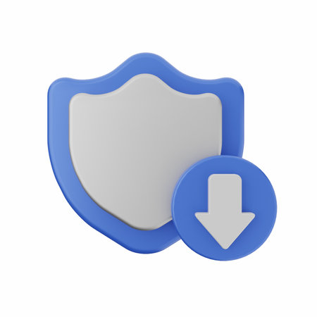 Shield and download icon. 3D rendering. Isolated on white background.の写真素材