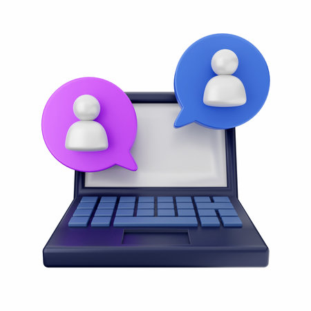 Laptop with speech bubbles on white background. Isolated 3D illustrationの写真素材