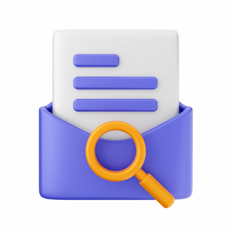 Blue Envelope with Magnifying Glass Isolated on White Backgroundの写真素材