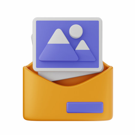 Illustration of a closed orange folder with pictures on a white backgroundの写真素材