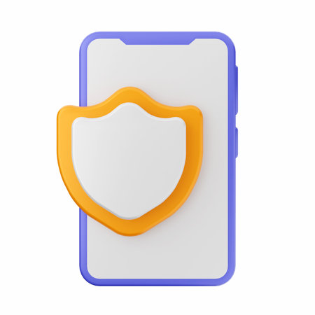 Smartphone with shield icon. 3d illustration isolated on white backgroundの写真素材