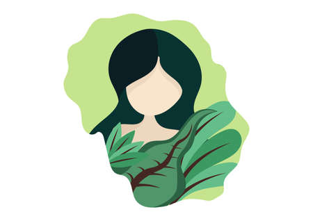 illustration of a woman with various plants on a natural theme on a green background