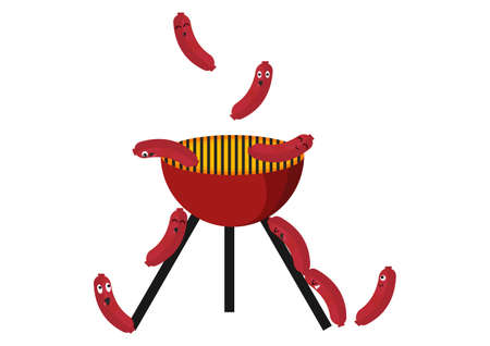 illustration of a sausage playing on the grill with his friends, with a cute and adorable faceのイラスト素材
