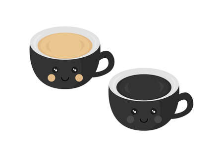 illustration of black coffee and coffee latte with cute and adorable faces in a simple and modern designのイラスト素材