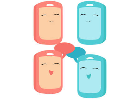 illustration of mobile phones with cheerful faces chatting with each otherのイラスト素材