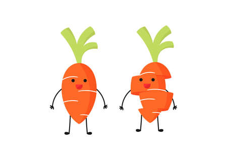 illustration of a carrot vegetable character with a cheerful, funny and adorable face, with two types of carrot designs, one of which is slicedのイラスト素材