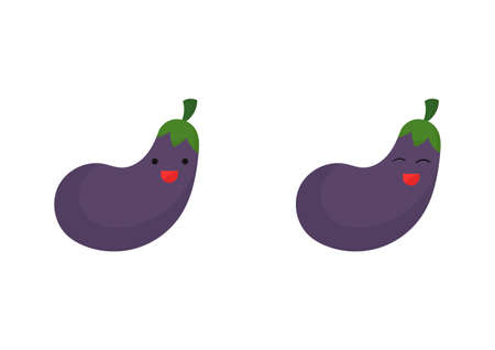 illustration of eggplant with a cheerful, cute and adorable face, with a combination of purple and green colorsのイラスト素材