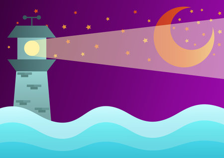 illustration of a lighthouse with a bright light on a dark night, in the middle of the oceanのイラスト素材