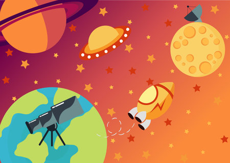 outer space background with uvo, saturn planet, rocket and scattered starsのイラスト素材