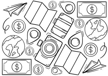 hand drawn illustration of travel and vacation icons on white backgroundのイラスト素材